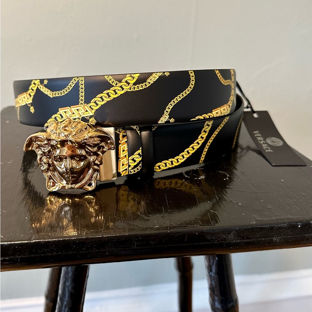 Versace La Medusa Chain Print Leather Belt - Black